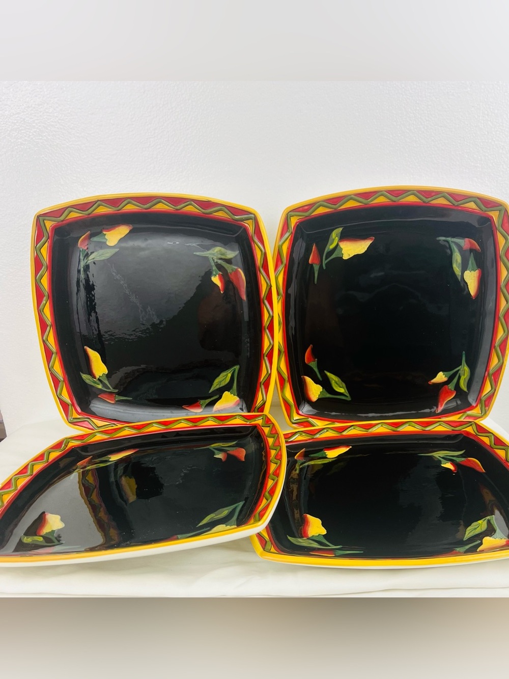 Clay Art Set Of 4 Caliente StoneLite Jalapeños Black Square Hand Painted Plates